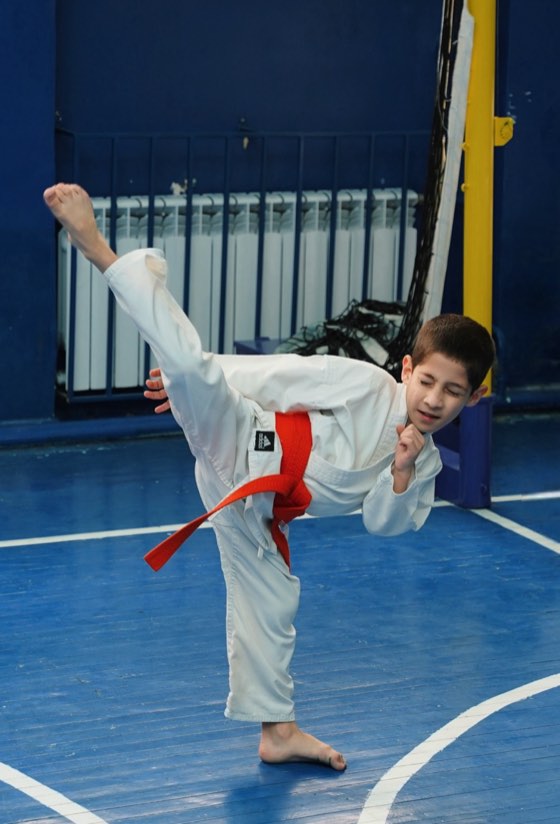 Red-belt student performing a kick